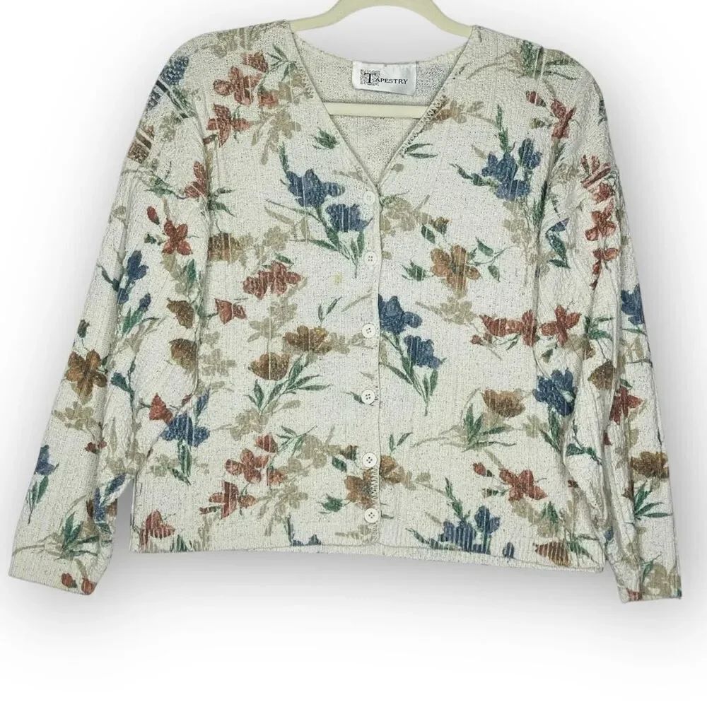 Tapestry Button Down Cream Floral Cardigan Sweater Women Medium Vintage Oversize